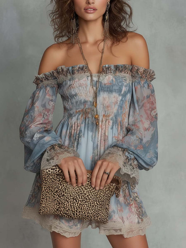 Romane | Abito Mini in Chiffon Arricciato con Spalle Scoperte e Fiori Romantici