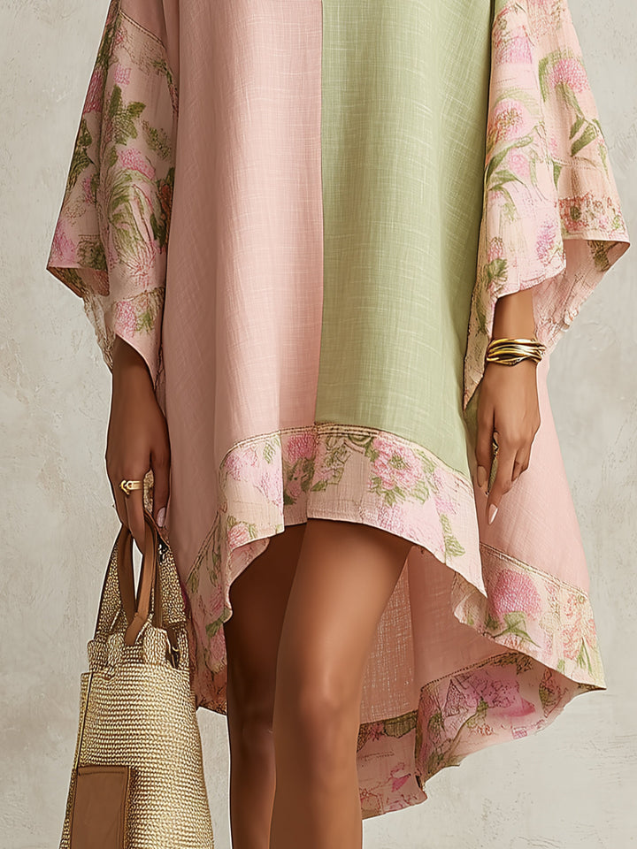 Abito Midi Color-Block Verde e Rosa con Fiori