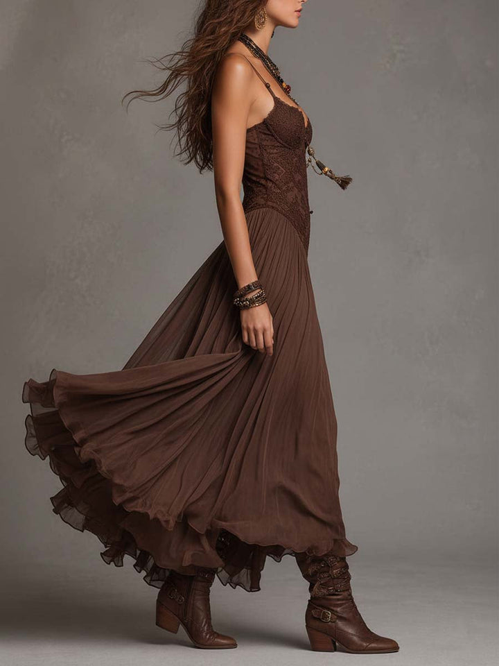Abito Maxi in Chiffon con Pannelli in Pizzo Marrone Scuro