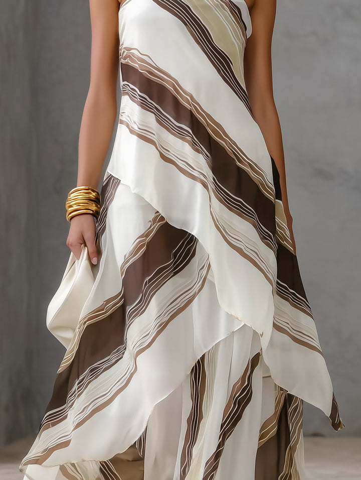 Vestito Maxi Senza Spalline in Chiffon a Righe Casual