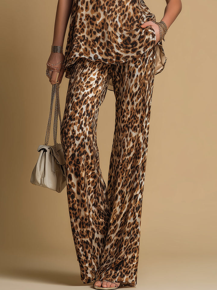 Set Elegante in Chiffon Senza Maniche con Stampa Leopardo e Pantaloni Svasati