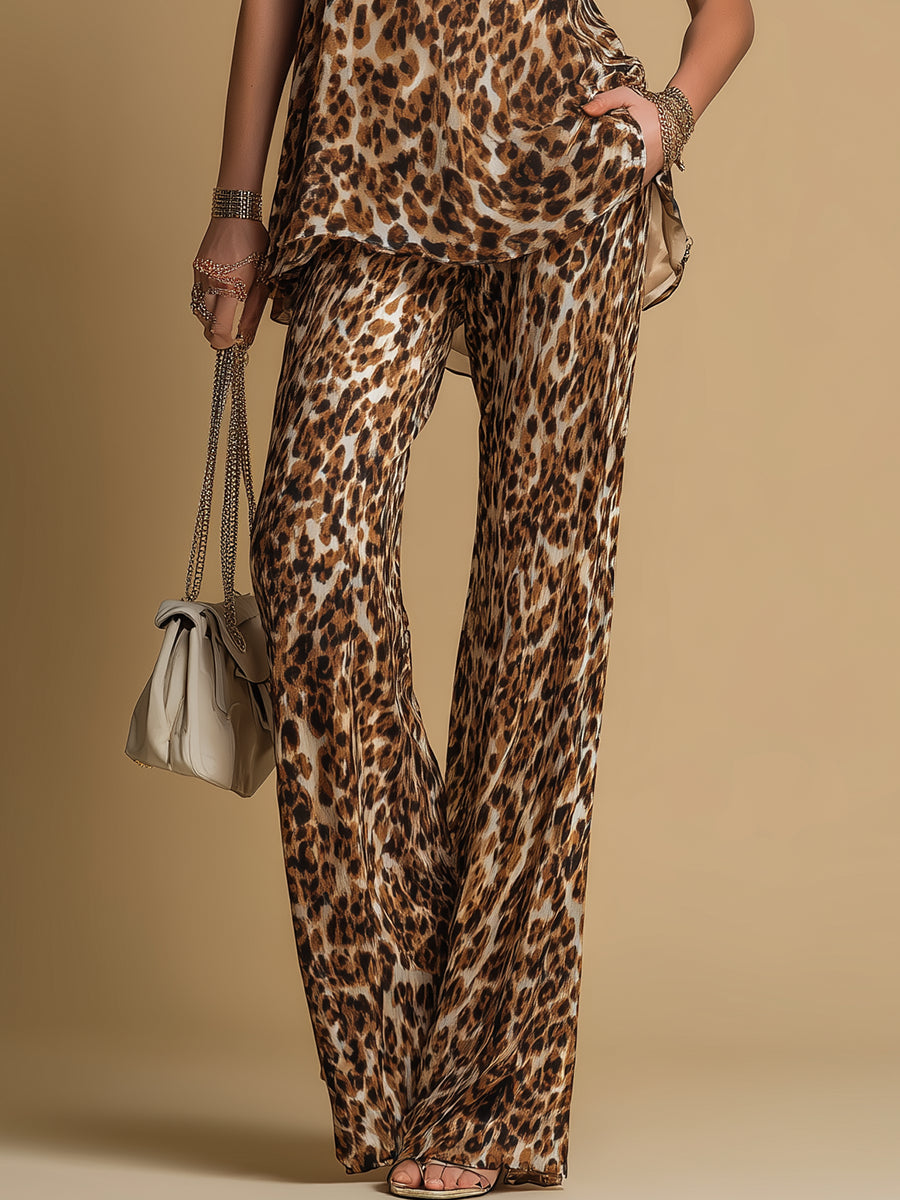 Set Elegante in Chiffon con Stampa Leopardo Senza Maniche e Pantaloni Svasati