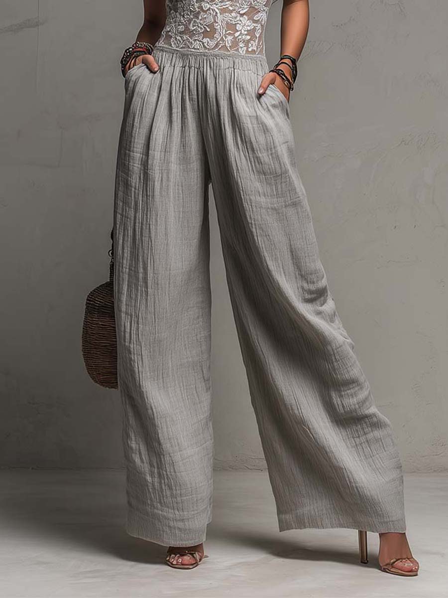 Jumpsuit Bohemien Grigio con Pizzo e Pieghe a Gamba Larga