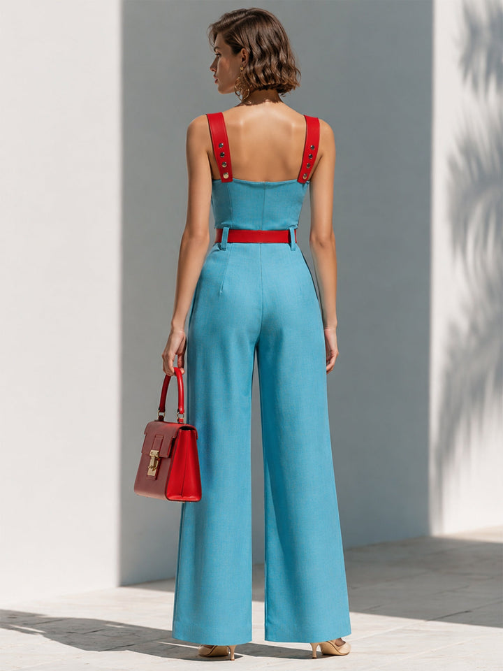 Camisole Jumpsuit Color Block Rosso e Blu Elegante (Cintura Inclusa)