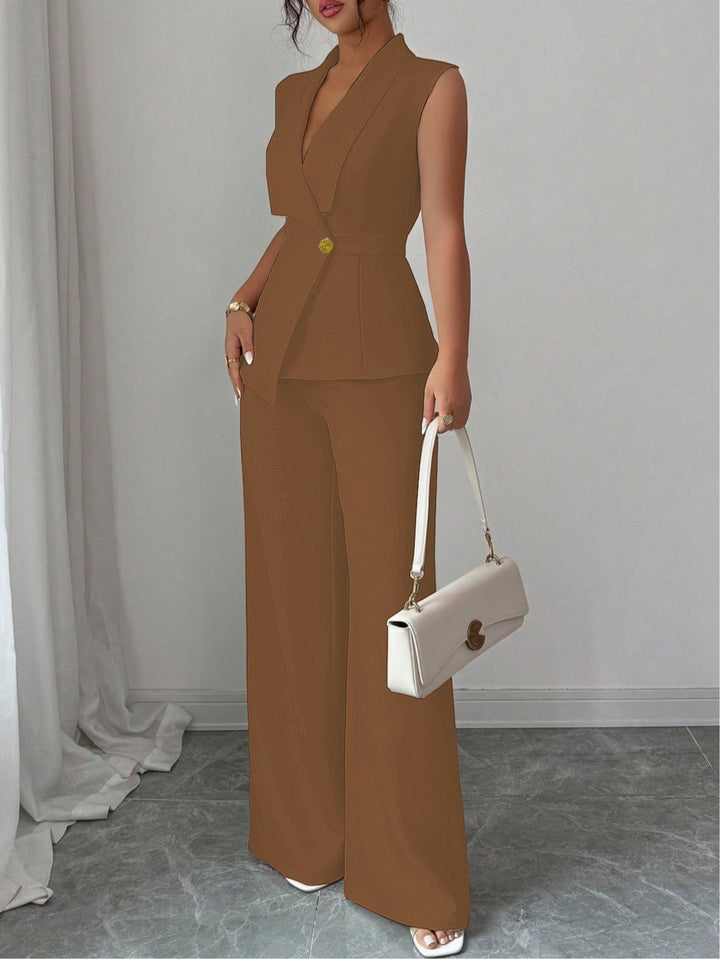 Set di Gilet Elegante in Colore Unito e Pantaloni a Gamba Dritta da Donna