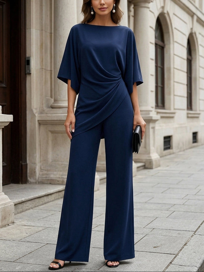 Blusa Drappeggiata Blu Marino e Pantaloni a Gamba Larga Set Due Pezzi