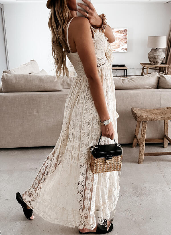 Abito Maxi in Pizzo di Colore Solido con Gonna Ampia