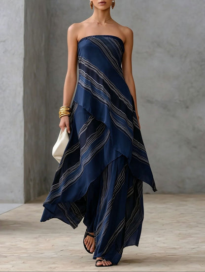 Abito Maxi Senza Spalline in Chiffon a Righe Casual