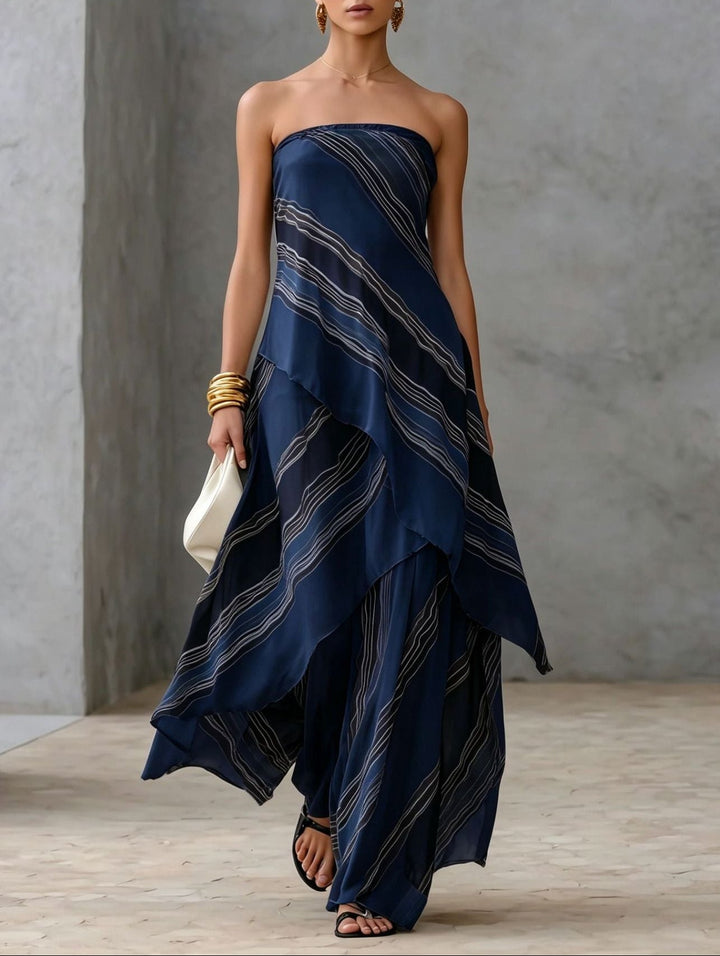 Abito Maxi Senza Spalline in Chiffon a Righe Casual