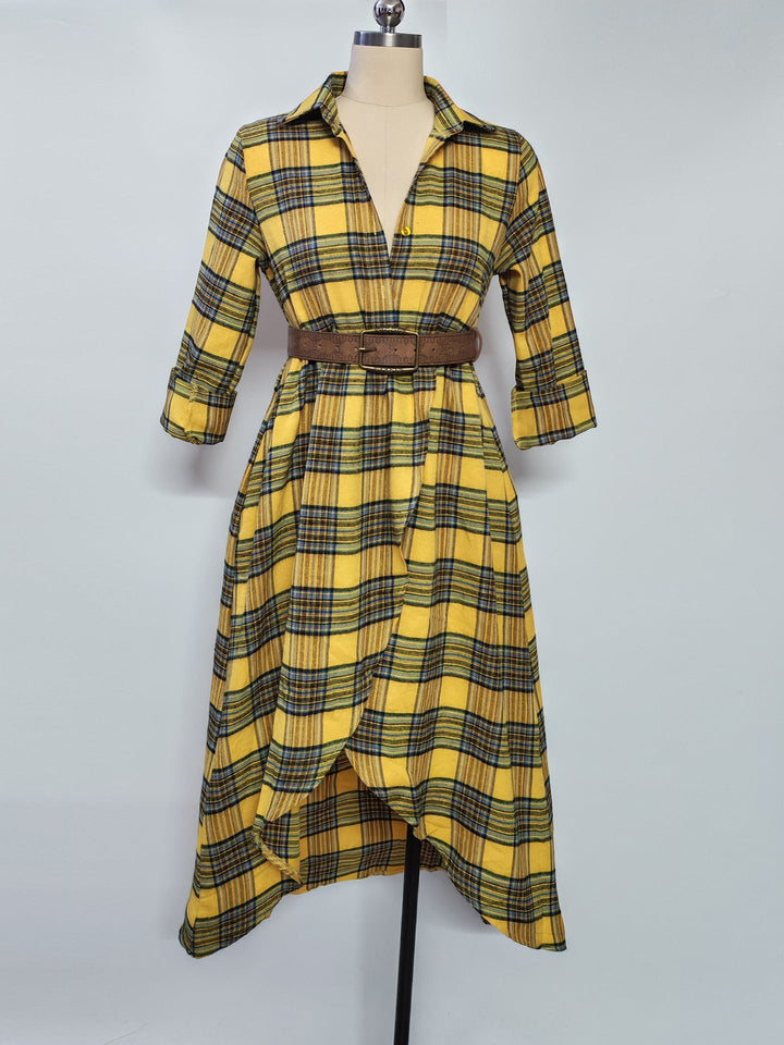 Abito camicia casual largo a quadri retro con cintura