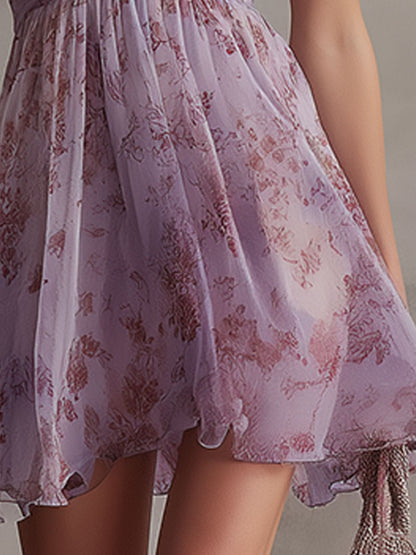 Vestito Mini in Chiffon Rétro Viola con Rouches