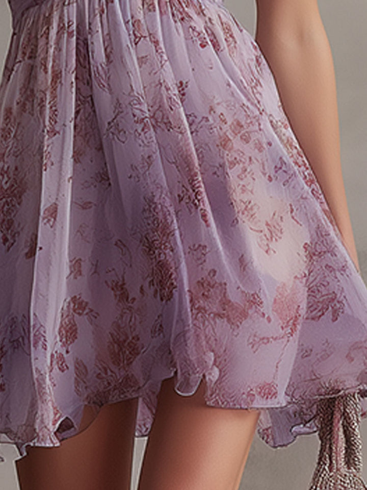 Vestito Mini in Chiffon Rétro Viola con Rouches