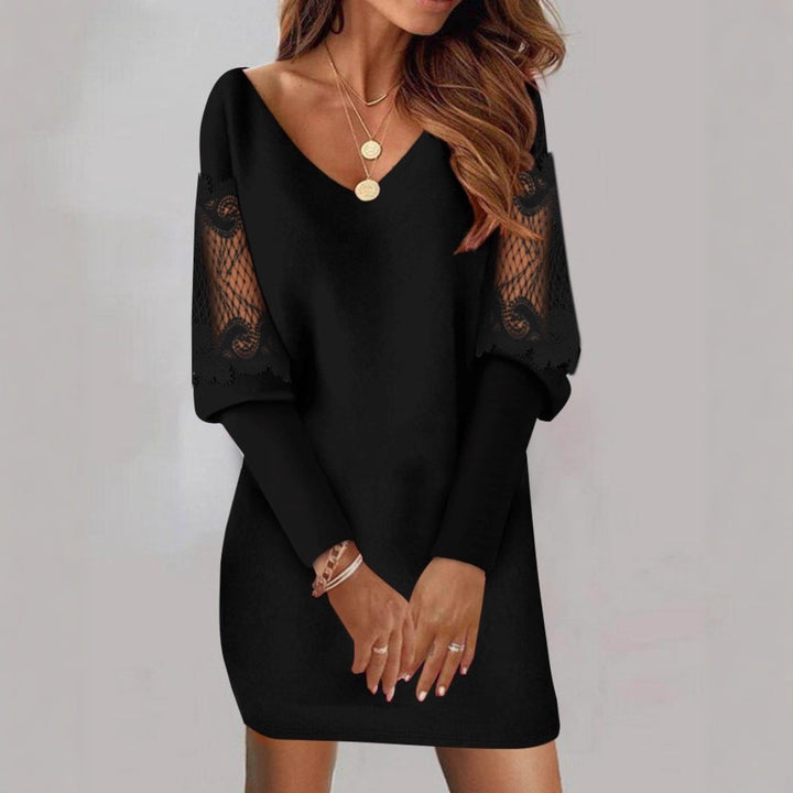 Abito da donna a maniche lunghe con scollo a V, stampato con pizzo e patchwork