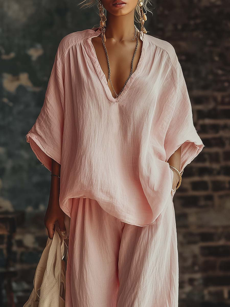 Set di Camicia Rosa a V e Pantaloni