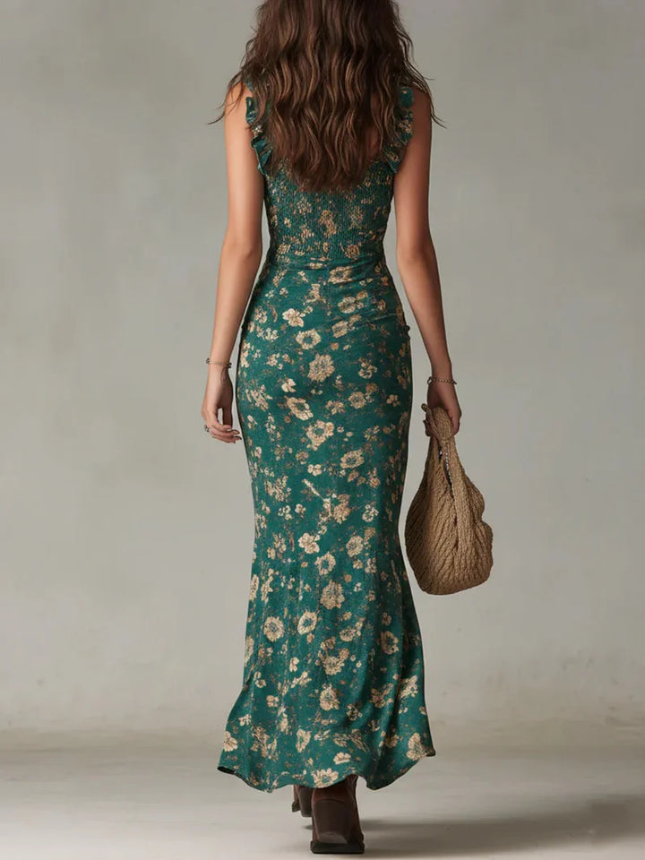 Vestito Maxi Bohemien Verde Stampato con Maniche a Volant