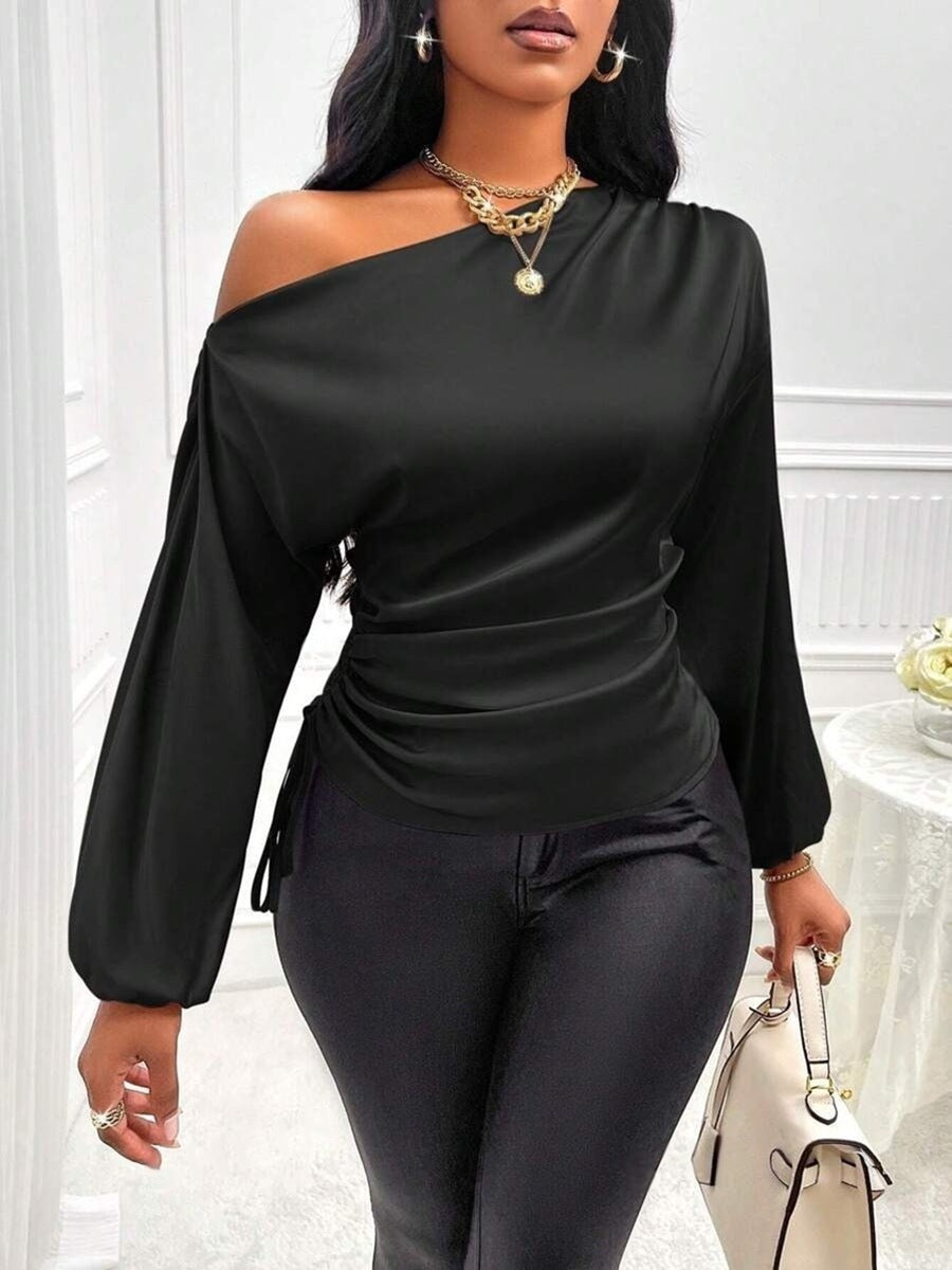 Blusa in raso asimmetrica a maniche lunghe da donna con colletto inclinato