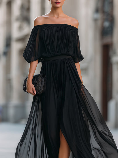 Abito Maxi Plissettato in Chiffon Nero con Spalle Scoperte