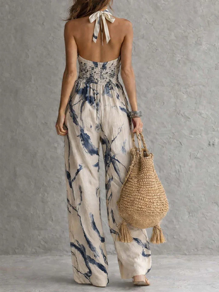 Silvia Mono con Scollatura Halter, Stampa Effetto Inchiostro, Gamba Larga e Tasche