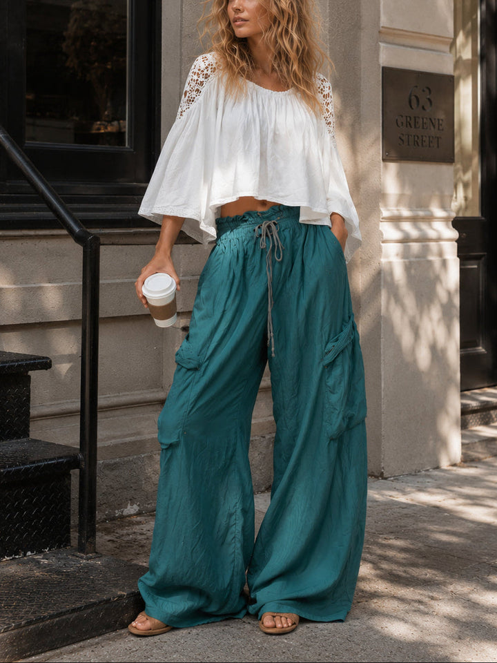 Set di camicia in pizzo vintage bohemien con ritagli e pantaloni cargo