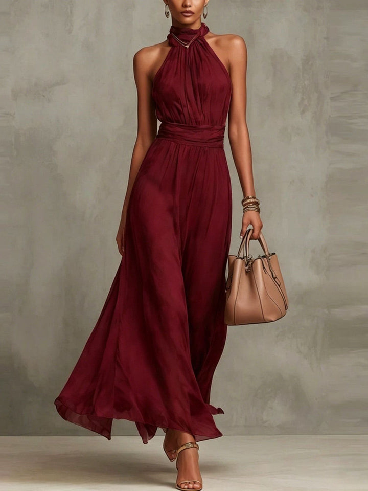 Abito Maxi Chiffon a Collo Halter di Colore Unito