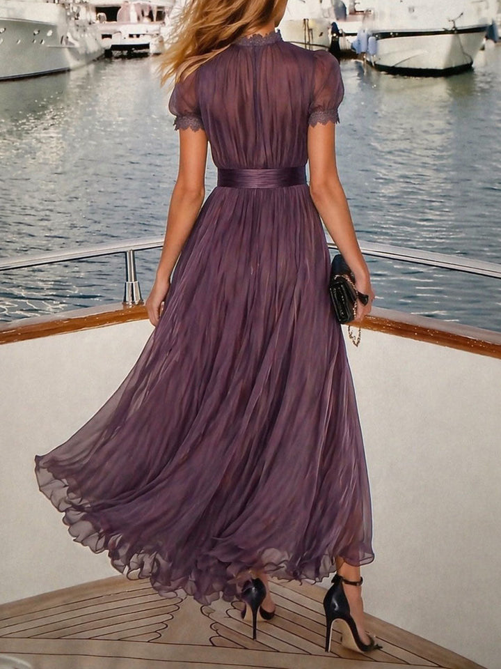 Abito Maxi in Chiffon con Collo a Chiave e Pizzo
