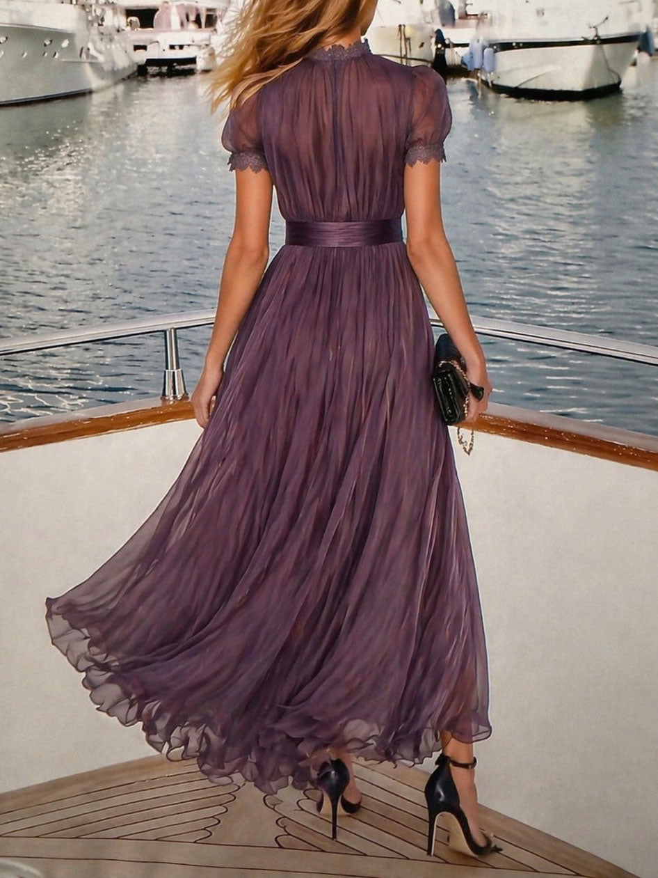 Abito Maxi in Chiffon con Collo a Chiave Viola