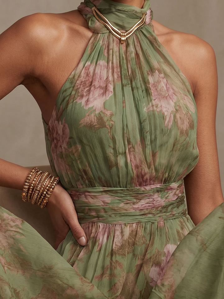 Abito Maxi Halter in Chiffon Verde a Fiori
