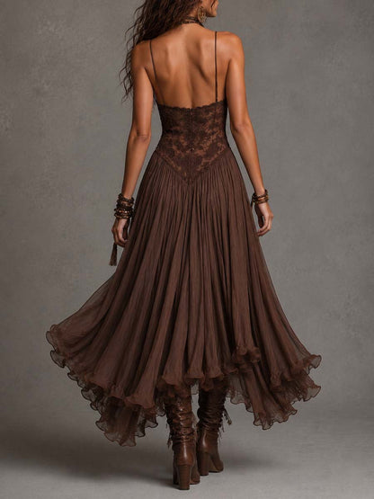 Abito Maxi in Chiffon con Pannelli in Pizzo Marrone Scuro