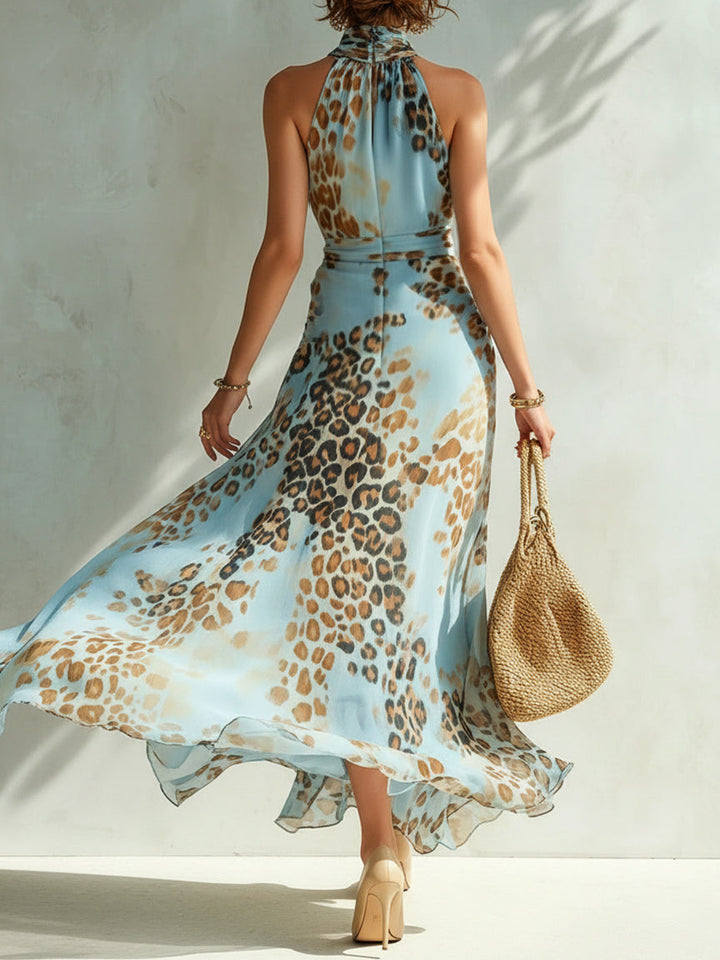 Abito maxi in chiffon a stampa leopardata blu