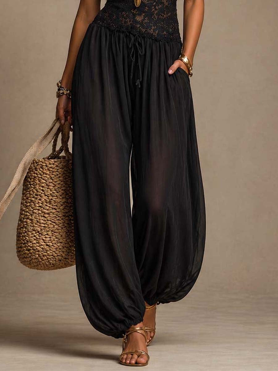 Tutina Harem con Spalline in Chiffon e Pizzo Nero