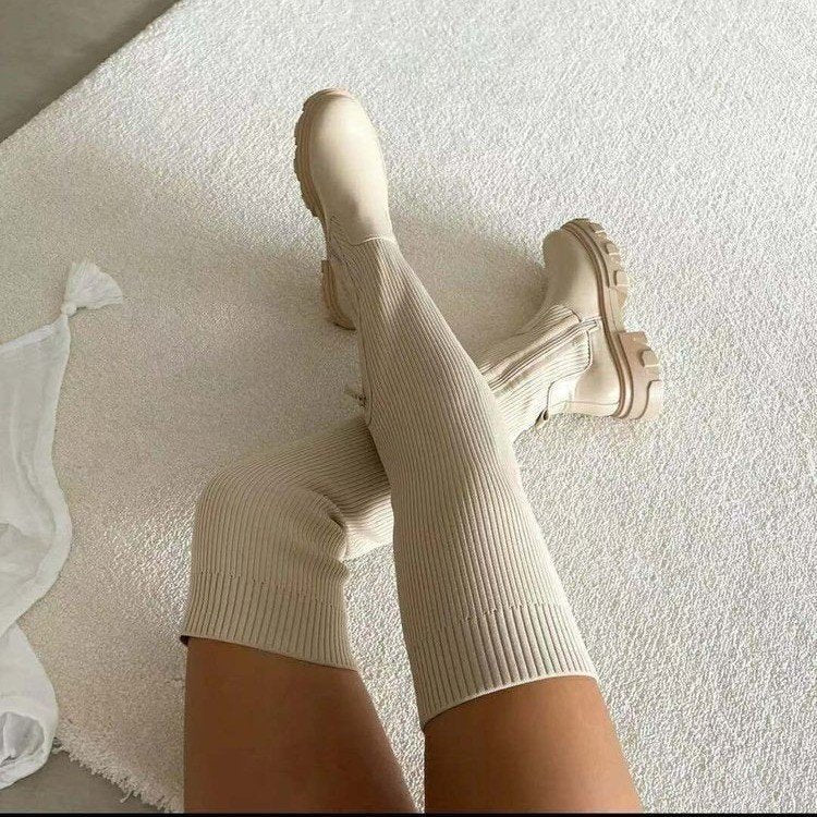 Stivali da donna platform in flyknit con punta rotonda sopra il ginocchio