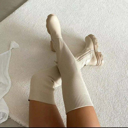 Stivali da donna platform in flyknit con punta rotonda sopra il ginocchio