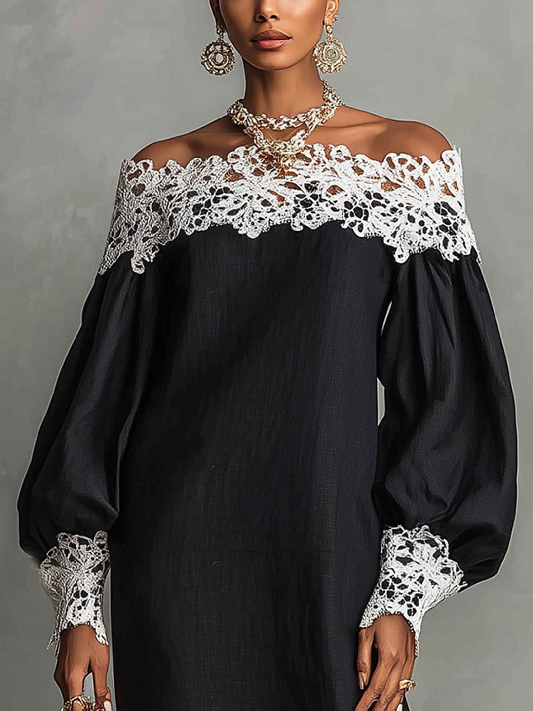 Abito midi nero off-the-shoulder con dettagli in pizzo a contrasto