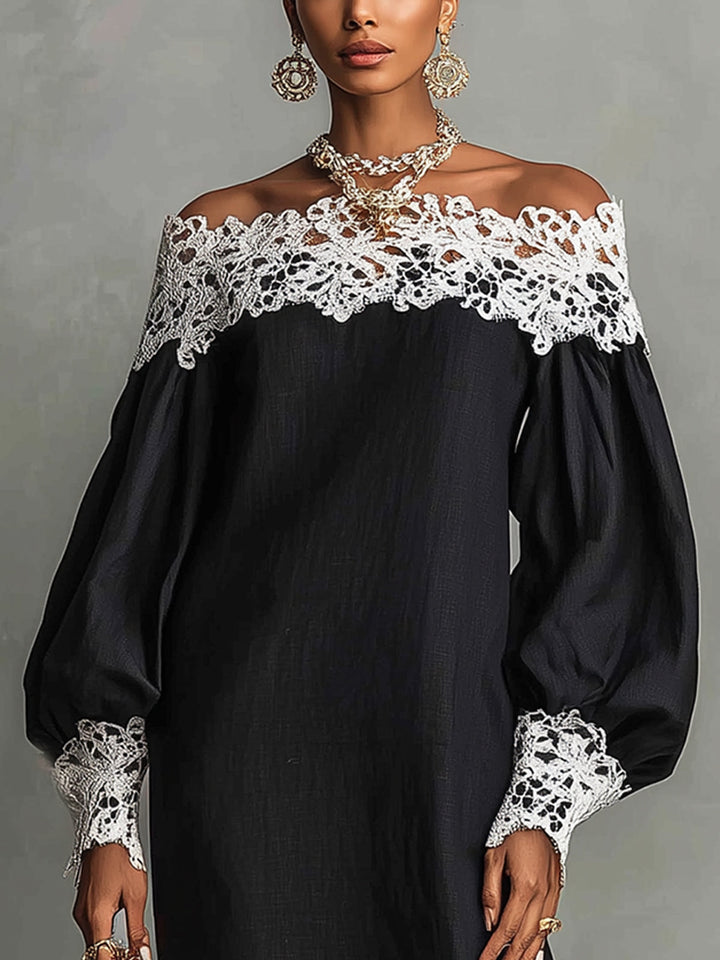 Abito midi nero off-the-shoulder con dettagli in pizzo a contrasto