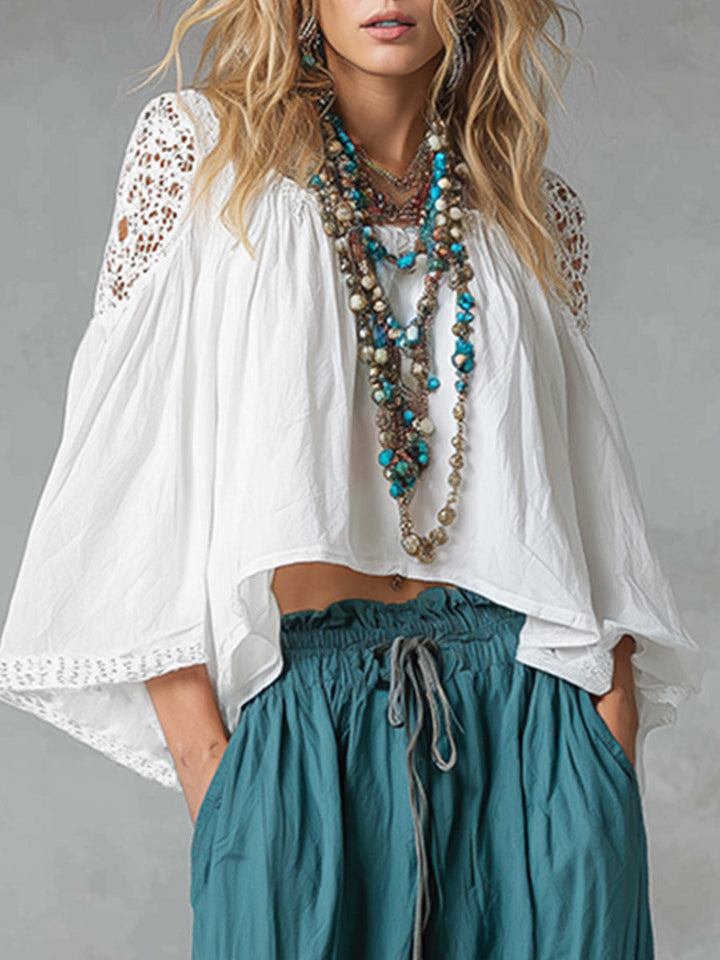Set di camicia in pizzo vintage bohemien con ritagli e pantaloni cargo