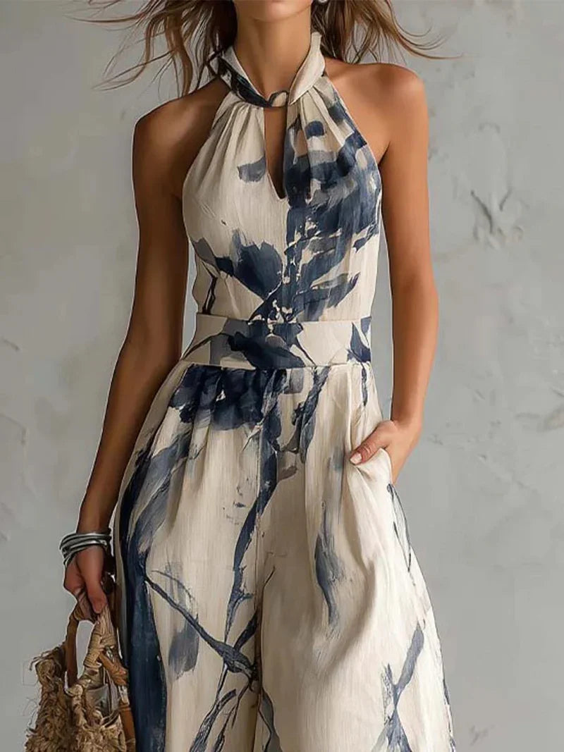 Silvia Mono con Scollatura Halter, Stampa Effetto Inchiostro, Gamba Larga e Tasche