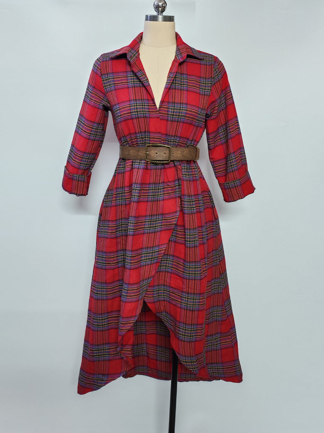 Abito camicia casual largo in plaid retro con cintura