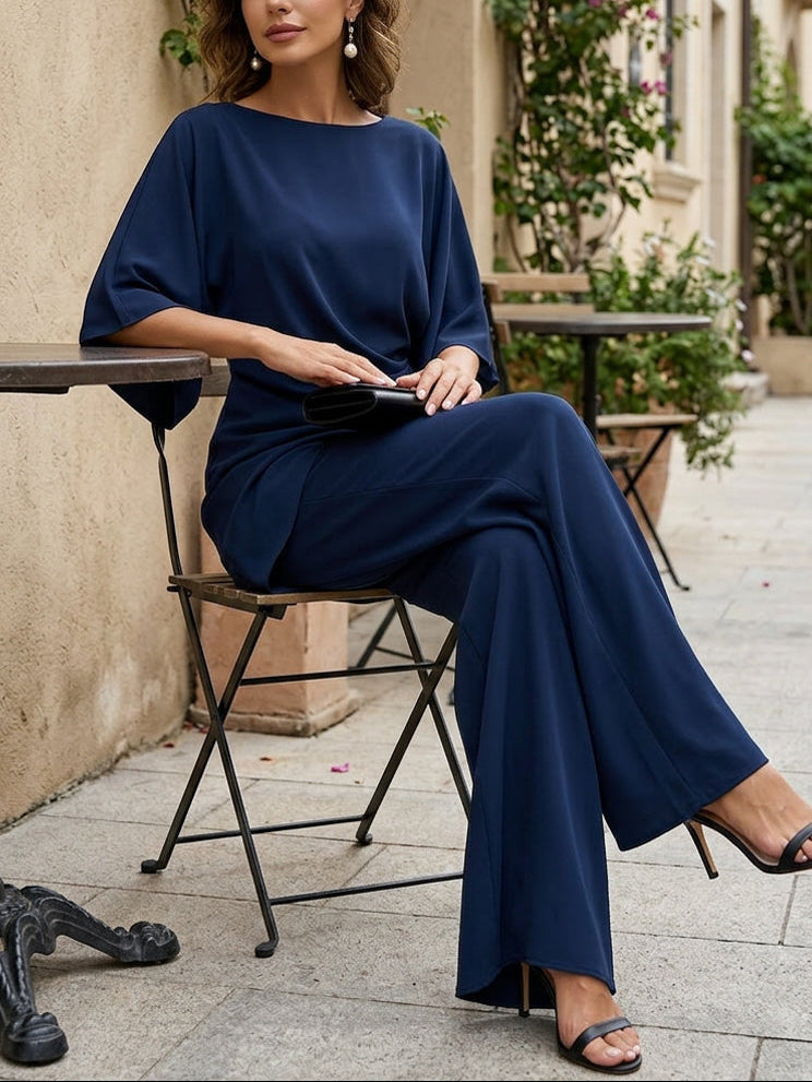 Blusa Drappeggiata Blu Marino Con Vita E Pantaloni A Gamba Larga Set Due Pezzi