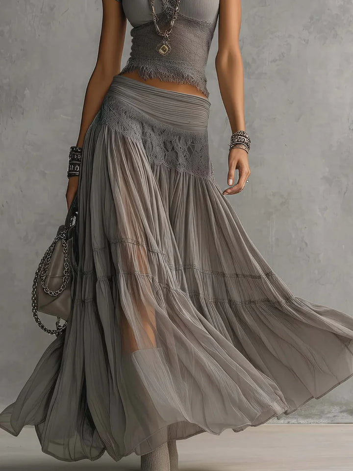 Adriana Completo Top Grigio in Pizzo Trasparente e Gonna Maxi Plissettata