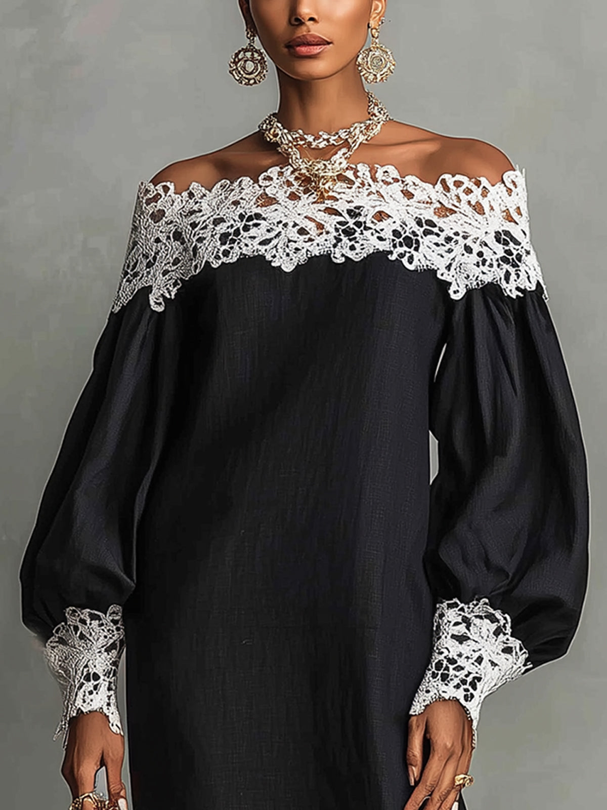 Abito midi nero off-the-shoulder con rifiniture in pizzo a contrasto
