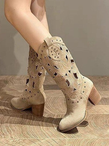 Stivali Western in suede con tacco chunky ricamato e traforato