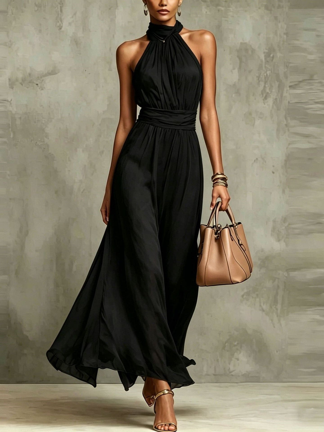 Abito Maxi Chiffon a Collo Halter di Colore Unito