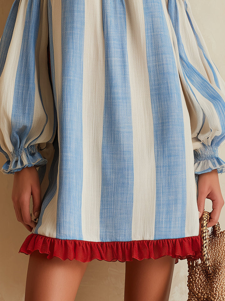 Ondine | Mini Abito a Righe Blu e Bianco con Spalle Scoperte e Orlo Contrasto