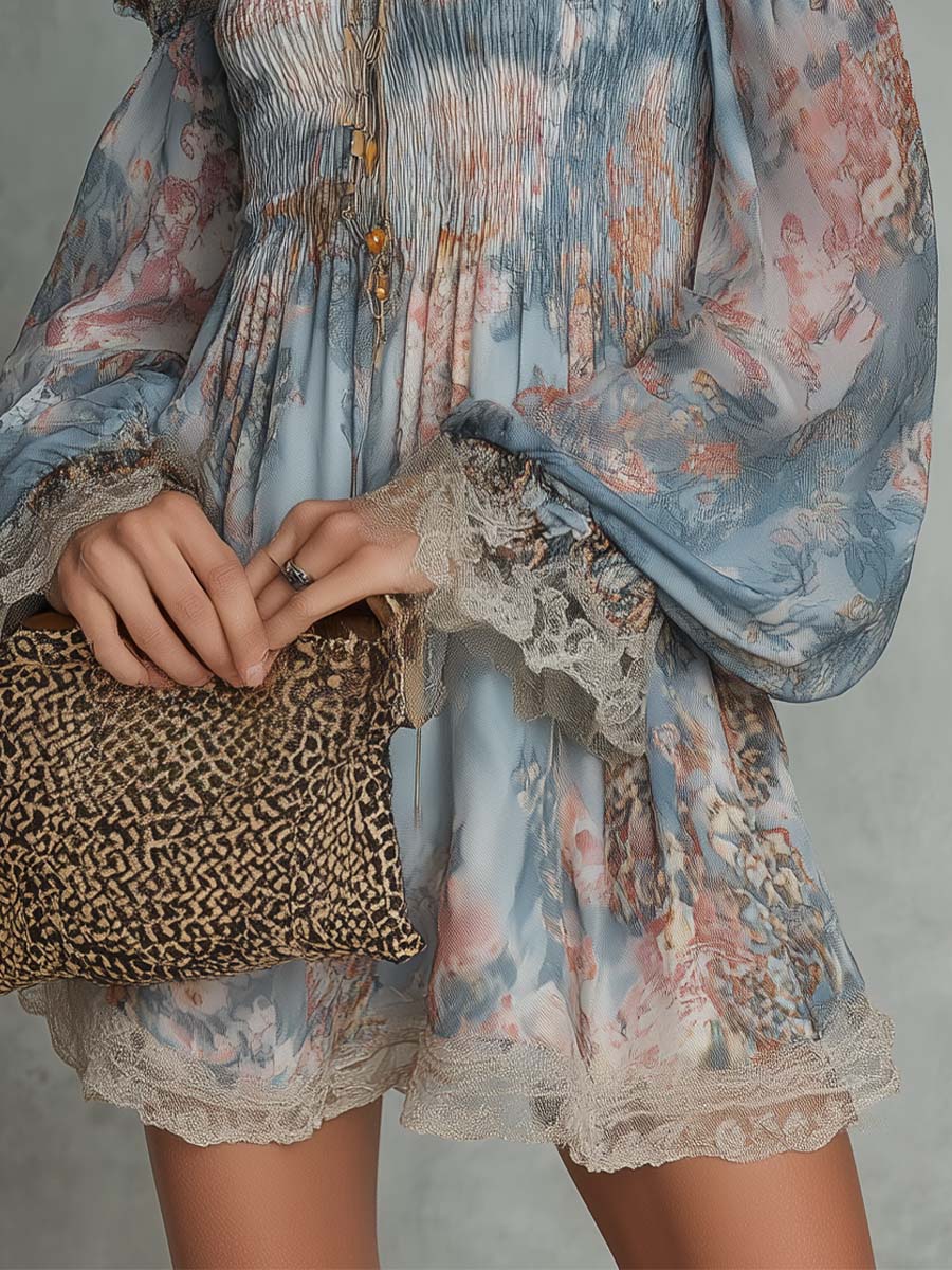 Romane | Abito Mini in Chiffon Arricciato con Spalle Scoperte e Fiori Romantici