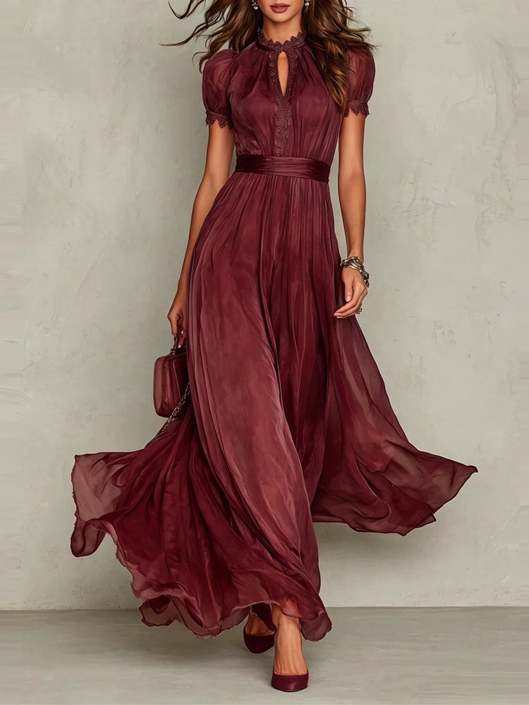 Abito Maxi in Chiffon con Dettaglio a Collo a Chiave Viola