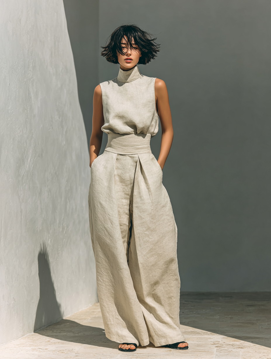 Set minimalista da donna con blusa senza maniche e pantaloni a gamba larga