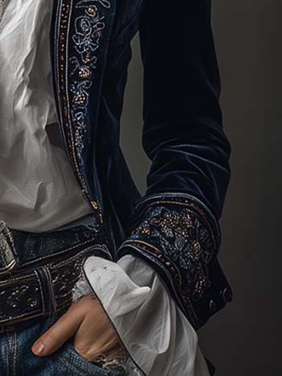 Giacca Lunga Vintage Ricamata da Donna in Blu Navy