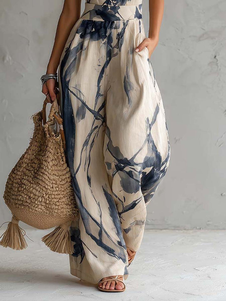 Salopette Larga con Stampa Ad Inchiostro e Scollo Halter con Tasche
