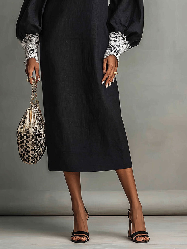Abito midi nero off-the-shoulder con dettagli in pizzo a contrasto