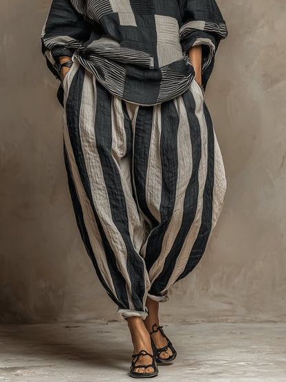 Set di Top e Pantaloni a Maniche Lunghe Stampato in Stile Color-Block